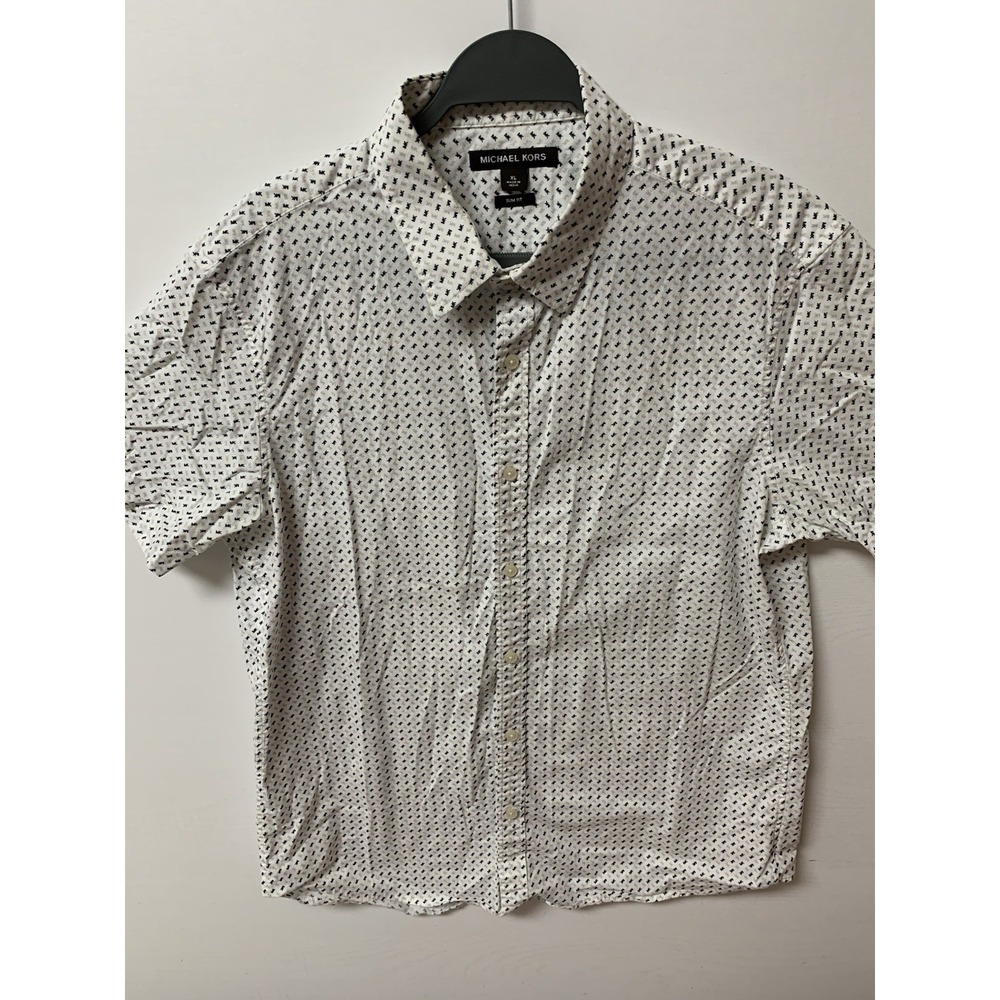 Michael Kors Mens Slim Fit Short Sleeve Button Down Shirt White MK Logo XL